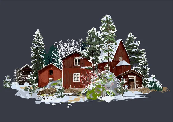 Scandinavian winter landscape with traditional wooden houses surrounded by rocks, coniferous trees and bushes — Stock Vector