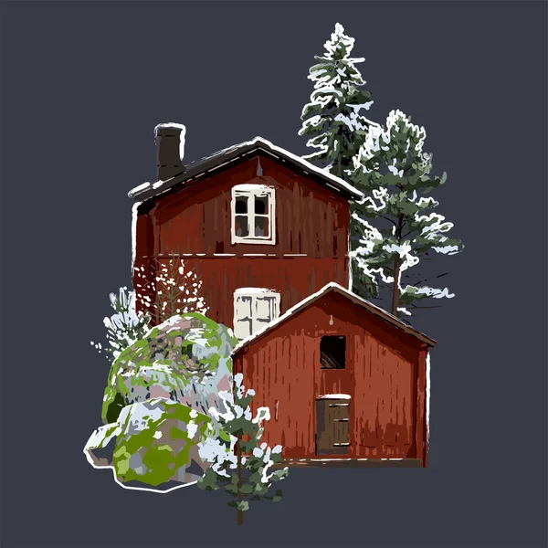 Kayalar, kozalaklı ağaçlar ve çalılarla çevrili geleneksel ahşap evleri olan İskandinav kış manzarası — Stok Vektör
