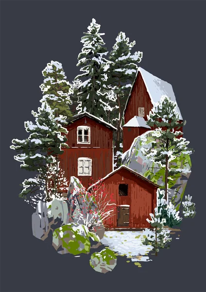 Skandináv téli táj hagyományos faházakkal, kövekkel, tűlevelű fákkal és bokrokkal körülvéve — Stock Vector