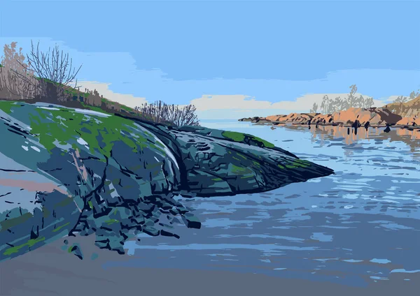 핀란드만의 바위투성이 해안 을묘 사 한 벡터 그림. — 스톡 벡터