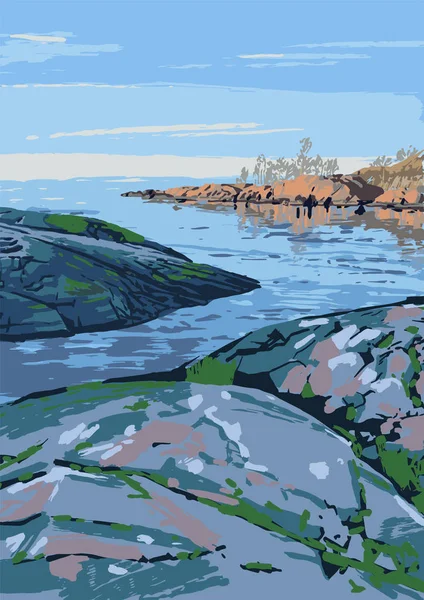 핀란드만의 바위투성이 해안 을묘 사 한 벡터 그림. — 스톡 벡터