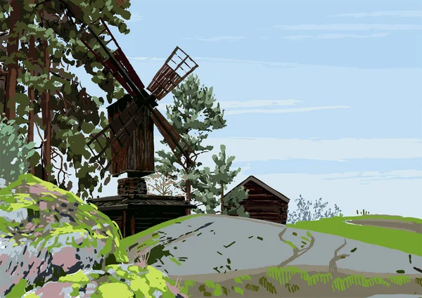 Paisaje escandinavo con molino de madera tradicional y casa en las colinas rocosas, rodeado de árboles de coníferas — Vector de stock
