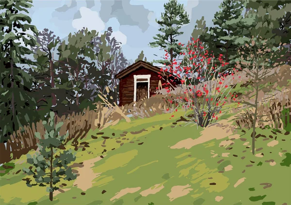 Paisagem escandinava com casa de madeira tradicional na encosta cercada por árvores de coníferas e arbustos — Vetor de Stock