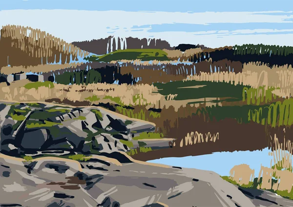 Skandinávská skalnatá krajina s travnatými poli a abstraktním lesem na pozadí. — Stockový vektor