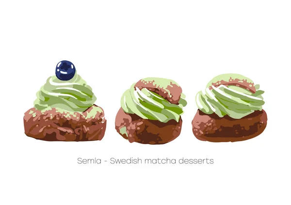 Semla. Postres suecos tradicionales con crema de matcha batida . — Archivo Imágenes Vectoriales