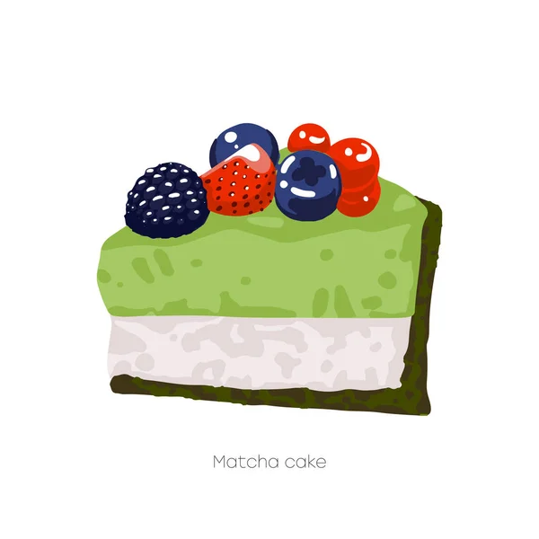 Pièce de gâteau avec couches de vanille et matcha, recouverte de différentes baies — Image vectorielle