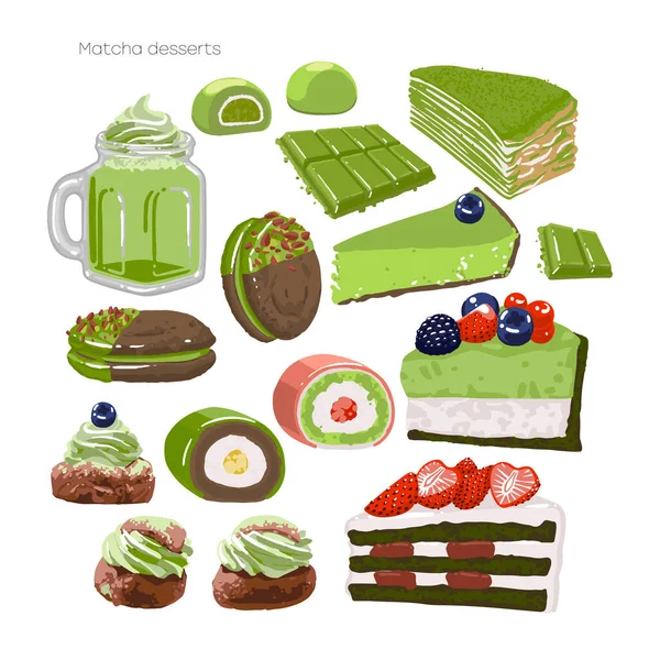 Colección de diferentes postres matcha aislados sobre fondo blanco — Archivo Imágenes Vectoriales