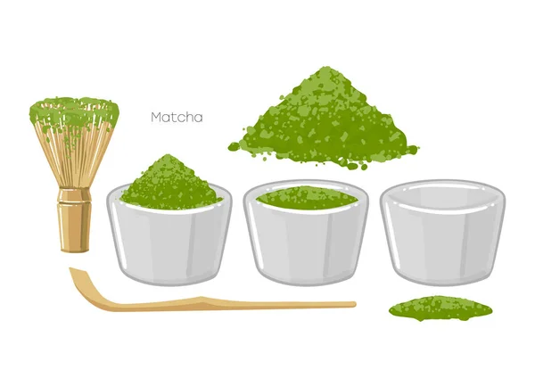 Vector colección de cuencos vacíos y lleno de polvo de matcha, palo de madera y batidor — Archivo Imágenes Vectoriales