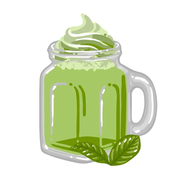 Coupe carrée en verre de milkshake matcha, café ou thé avec crème fouettée sur le dessus — Image vectorielle