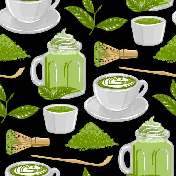 Cups of match tea and coffee surrounded by green powder, whisk, wooden stick and leaves.