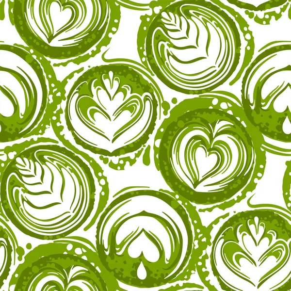 Botanische Kunst auf der Matcha-Kaffee- oder Teeoberfläche. Nahtloses Muster — Stockvektor