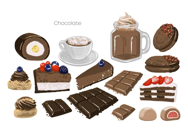 Σύνολο γλυκών ροφημάτων και αρτοσκευασμάτων σοκολάτας ή καφέ. — Διανυσματικό Αρχείο