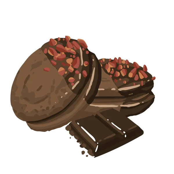 Deux tartes circulaires glacées et la barre de chocolat noir — Image vectorielle