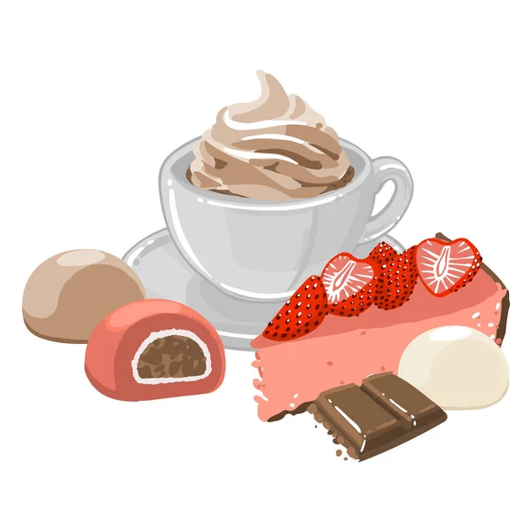Κύπελλο του καφέ ή ζεστή σοκολάτα με wihipped κρέμα, και περιβάλλεται από διάφορα αρτοσκευάσματα — Διανυσματικό Αρχείο