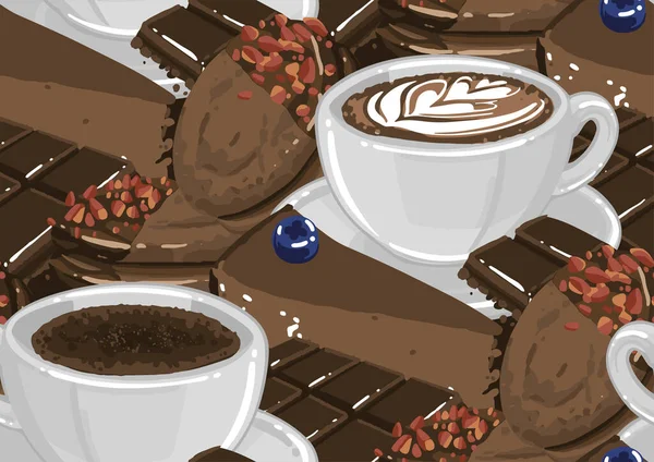초콜릿 디저트에둘러 싸여 있는 하얀 원뿔형 커피 두 잔 — 스톡 벡터