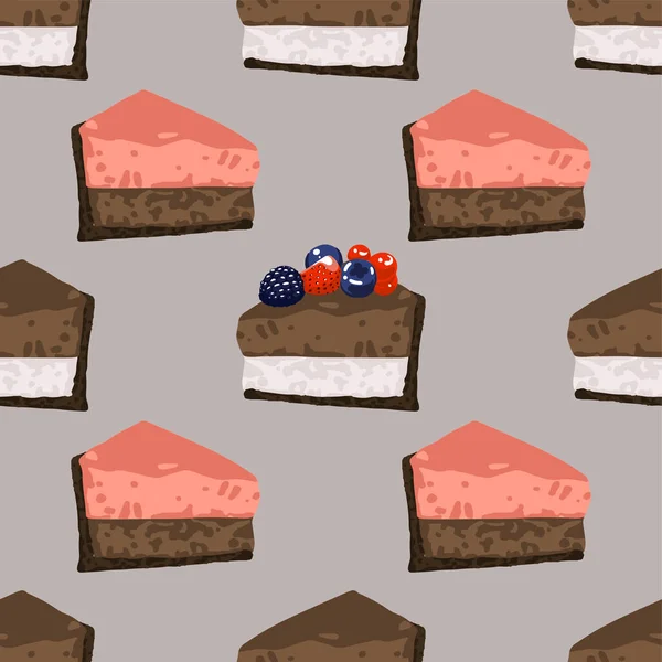 Τριγωνικές πίτσες κέικ φράουλας, σοκολάτας και βανίλιας καλυμμένες με μούρα. — Διανυσματικό Αρχείο