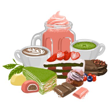 Sweet coffee, matcha tea and milkshake surrounded by different desserts