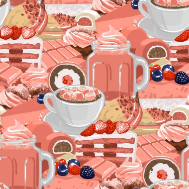Cup of strawberry milkshake and coffee or cacao with marshmallows, surrounded by different desserts