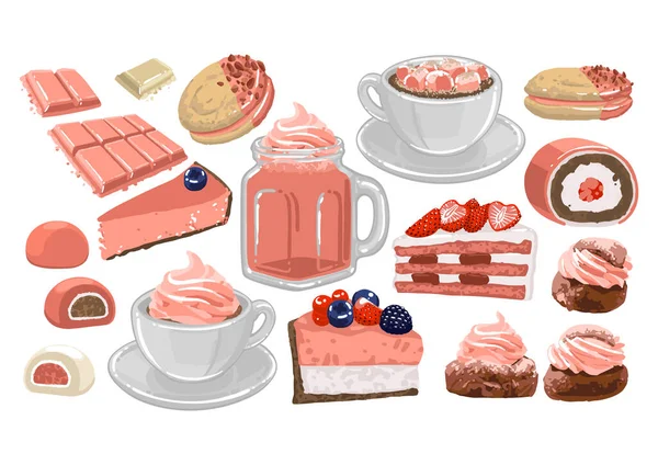 Set of sweet strawberry drinks and pastries — 스톡 벡터