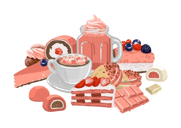 Sweet strawberry taste drinks surrounded by different pastries. — 스톡 벡터