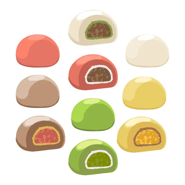 Collection of isolated mochi of different tastes — 스톡 벡터