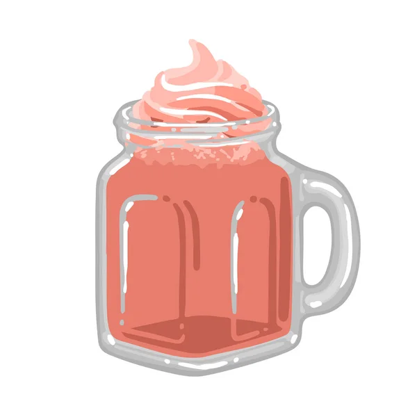 Coupe carrée en verre de milkshake avec goût de fraise et crème fouettée sur le dessus . — Image vectorielle