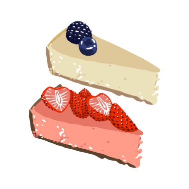 Two pieces of cheesecake with strawberry and vanilla tastes, covered with berries.