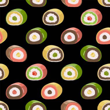 Seamless pattern of circular roll desserts of different tastes.