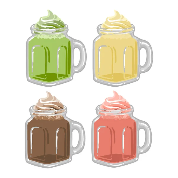 Tasses carrées en verre de milkshakes ou de café avec crème fouettée sur le dessus — Image vectorielle