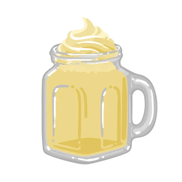 Coupe carrée en verre de milkshake avec goût de vanille ou de banane et avec crème fouettée sur le dessus — Image vectorielle