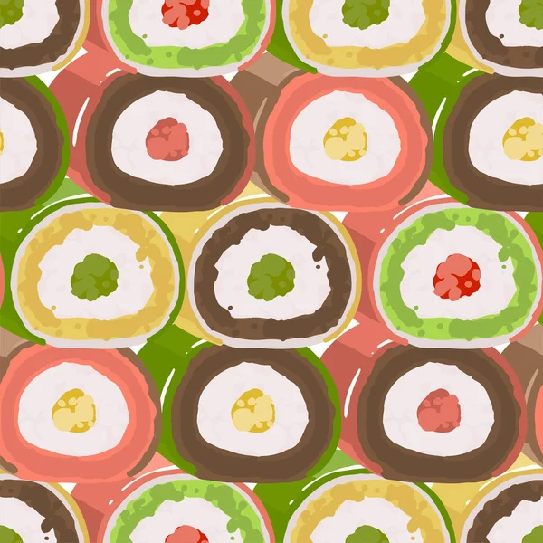 Seamless pattern of circular roll desserts of different tastes. — Stockový vektor