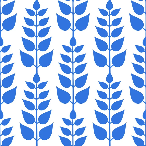 Simple abstract pattern of blue colored styized ethnic branches with leaves — Stok Vektör