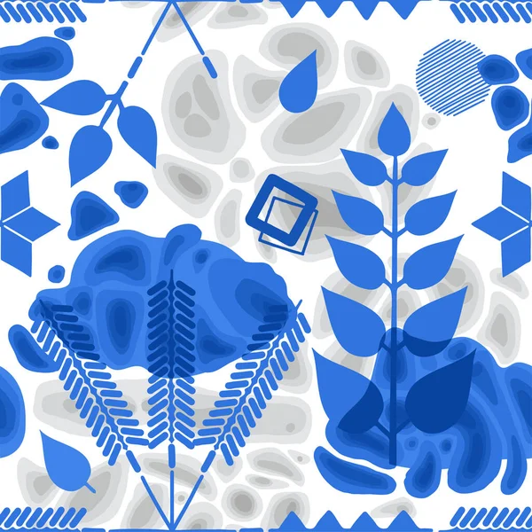 Abstract pattern of blue ethnic floral elements and geometric figures over the soft formless structures — ストックベクタ