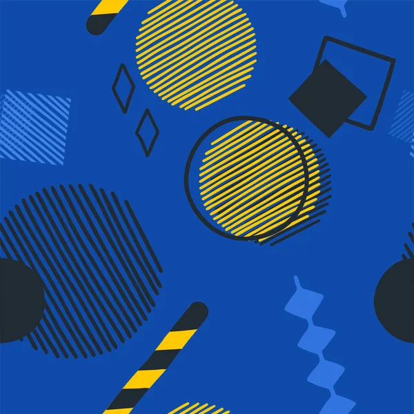 Abstract pattern of striped and outlined geometric figures in yellow, blue and dark gray colors — Stockový vektor