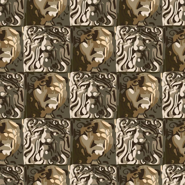 Modèle sans couture de sculptures rectangulaires de têtes de lions grognants — Image vectorielle