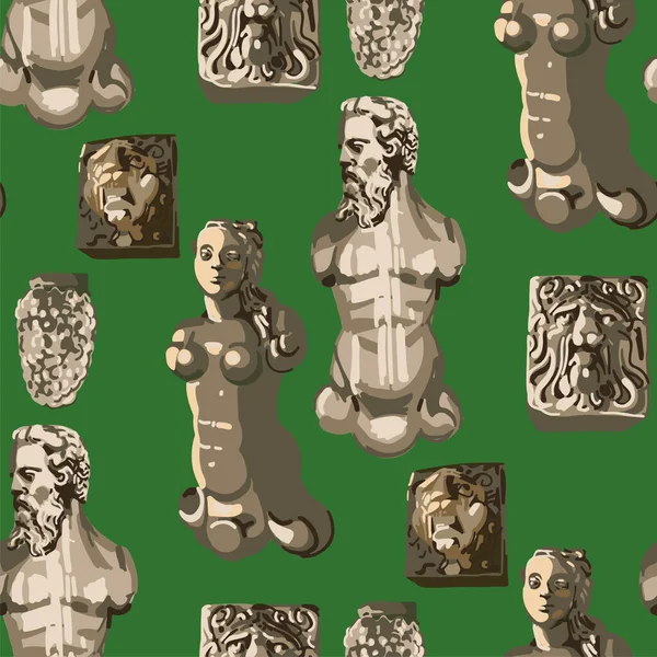 Patrón sin costuras de estatuas antiguas de un hombre musculoso con barba, mujer hermosa y cabezas de leones gruñendo — Vector de stock