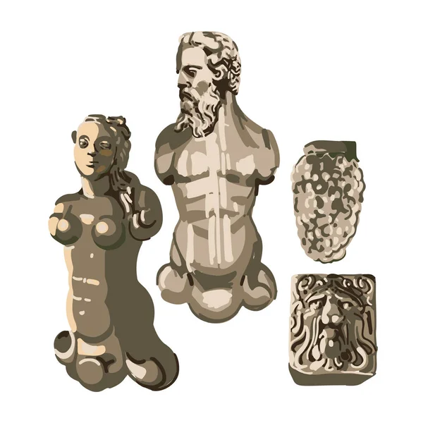 Coleção de estátuas antigas de um homem musculoso com barba, mulher bonita e cabeças de leões rosnando —  Vetores de Stock
