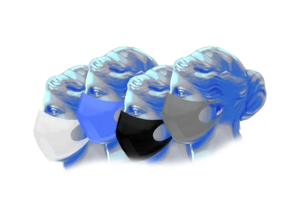 Скульптуры головы Венеры Милосской в защитных масках — стоковое фото
