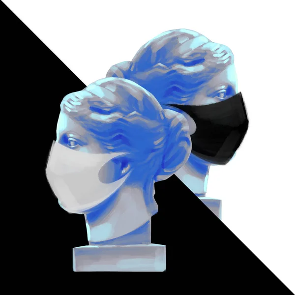 Esculturas de cabeça de Vênus de Milo na vista lateral usando máscaras protetoras — Fotografia de Stock