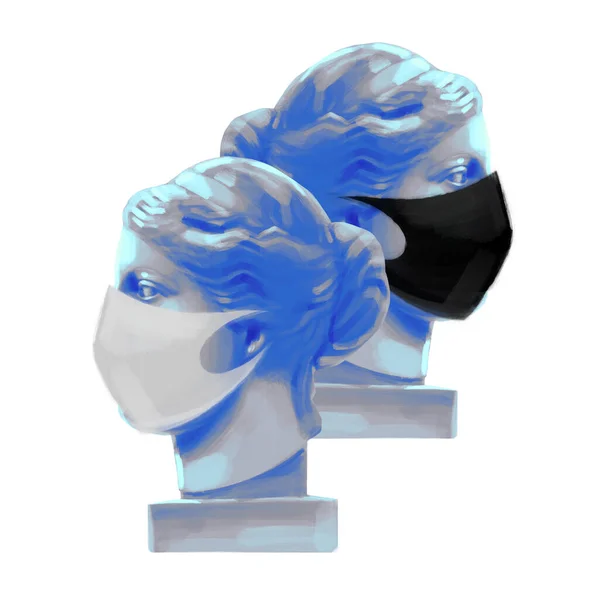 Venus de Milo hoofd sculpturen in het zijaanzicht met beschermende maskers — Stockfoto