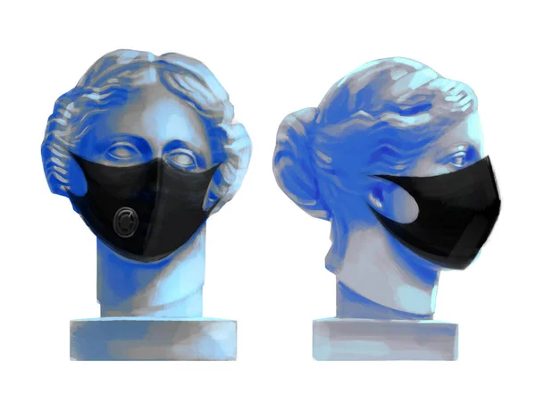Venus de Milo esculturas de cabeza en las vistas frontal y lateral con máscaras protectoras negras — Foto de Stock