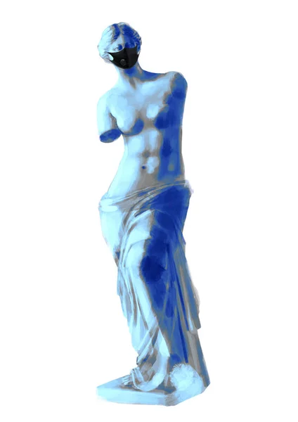 Venus de Milo escultura de comprimento total na vista frontal usando máscara protetora preta — Fotografia de Stock
