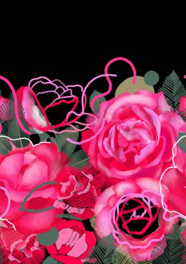 Karmaşık tekniklerle boyanmış dijital güllerden oluşan canlı bir çiçek tasarımı.