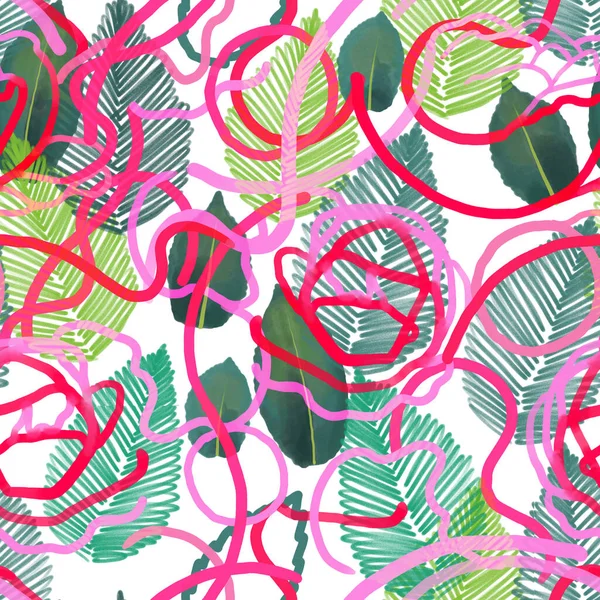 Patrones sin costura abstractos y nudos de cuerda de color brillante. y hojas dibujadas en la técnica de eclosión . — Foto de Stock