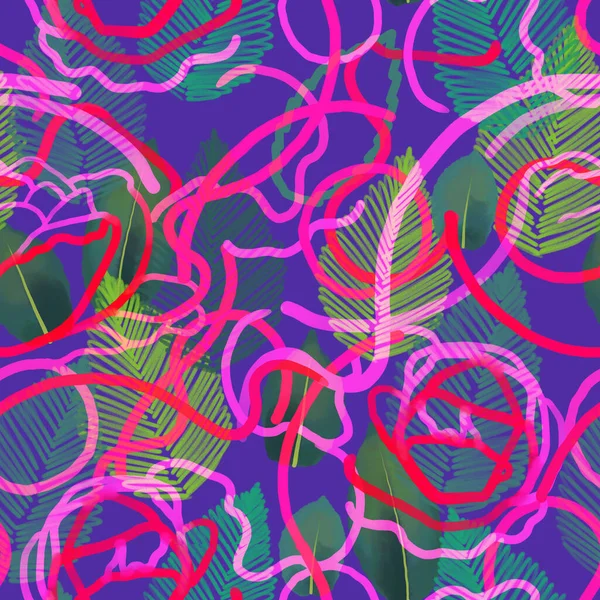 Abstract seamless patterns and knots of bright colored rope. and leaves drawn in the hatching technique. — Stock Photo, Image