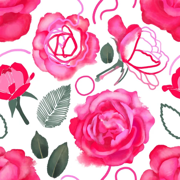 Sömlöst mönster av digitala rosor målade i blandade tekniker i livfulla färger — Stockfoto