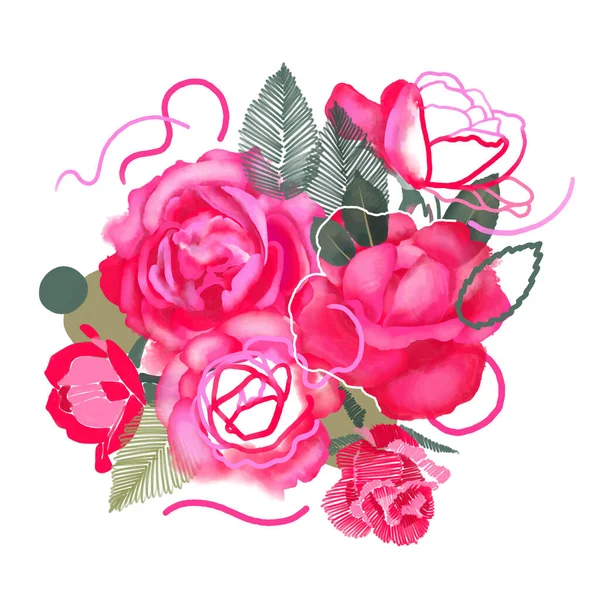 Floral bouquet made of digital roses painted in mixed techniques in vibrant colors