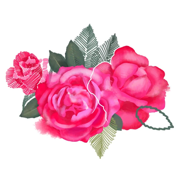 Floral bouquet made of digital roses painted in mixed techniques in vibrant colors