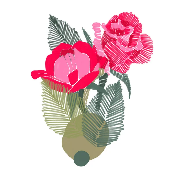 Ramo floral hecho de rosas digitales pintadas en técnicas mixtas en colores vibrantes —  Fotos de Stock