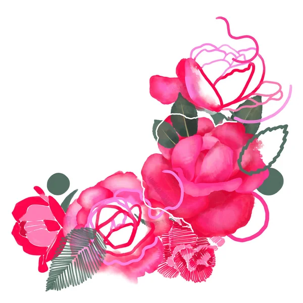 Ramo floral hecho de rosas digitales pintadas en técnicas mixtas en colores vibrantes — Foto de Stock